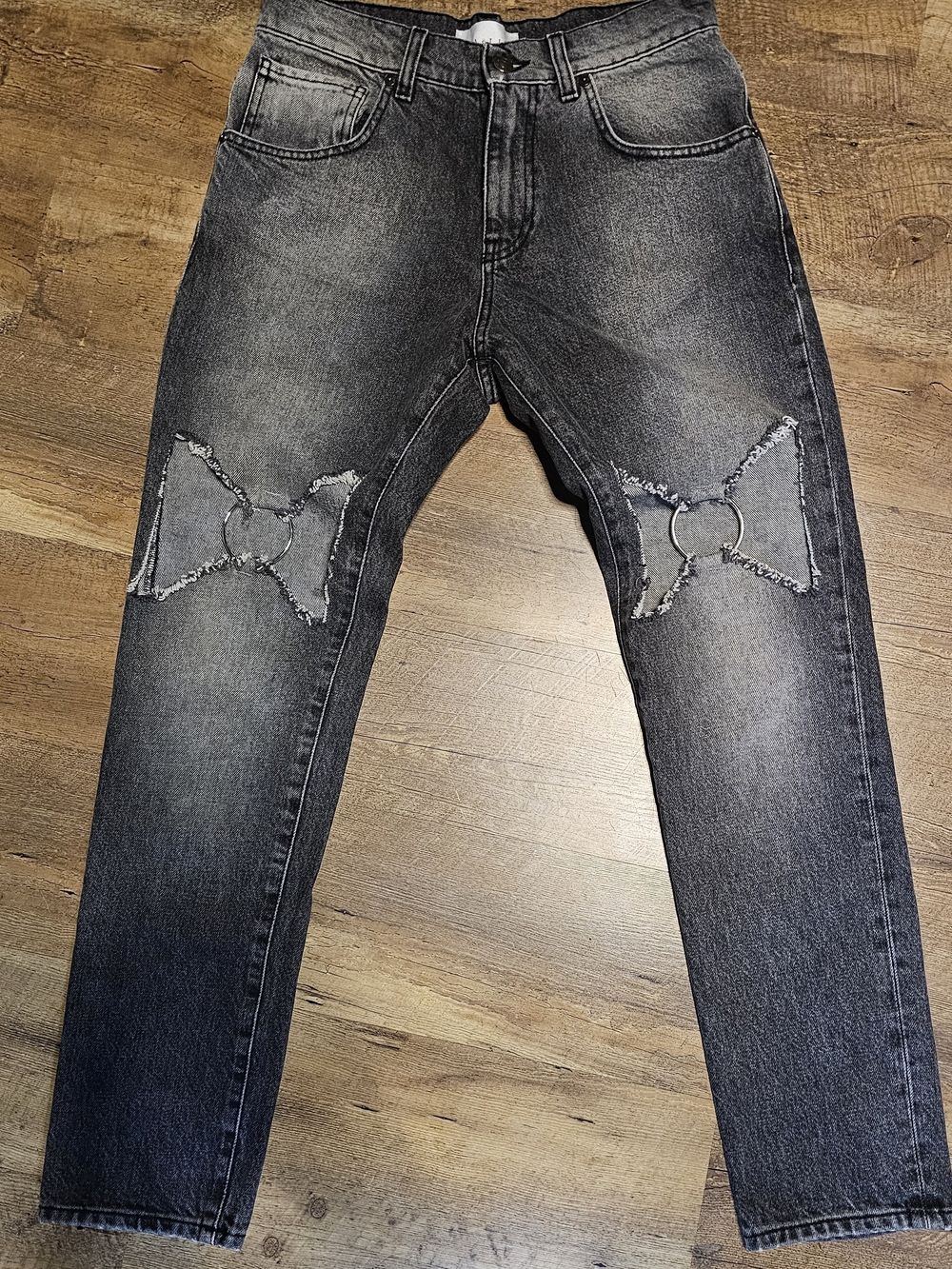 Womens Black Washed Distressed Jeans with Knee Ring Detail